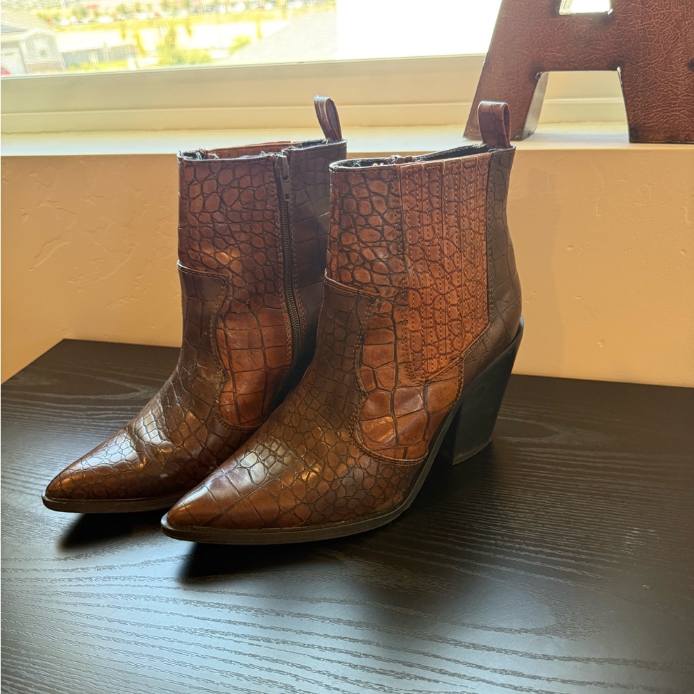 ASOS Brown Croc-Pattern Heeled Boots